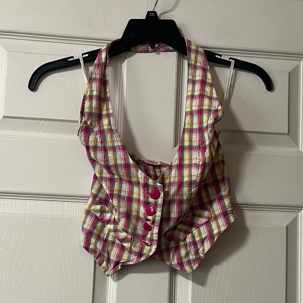 Avenue Multicolor Plaid Halter Blouse